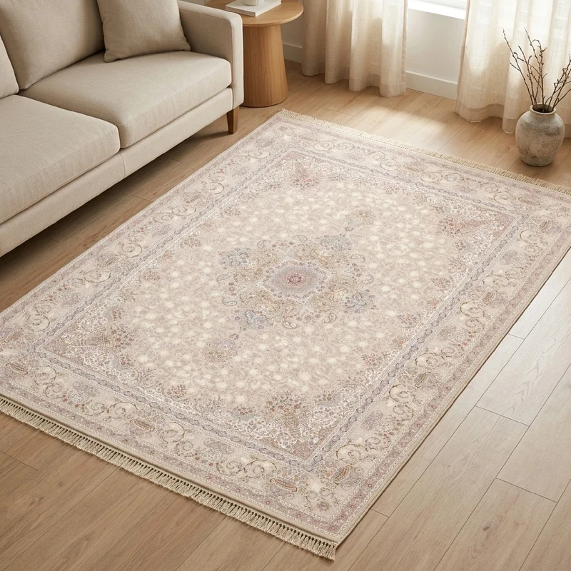 فرش ماشینی 700 شانه زمینه کرم حاشیه کرم مدل خاطره کویر کاشان سارینا